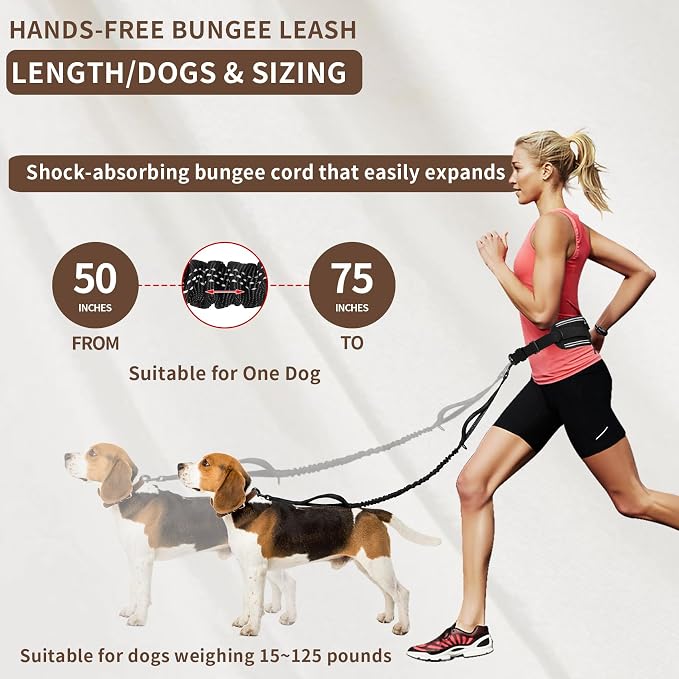 Hands Free Dog Leash for One Dog Up to 125 lb, Waist Pouch, Lumbar Support | Reflective bungee leash with adjustable 25-55 in belt. Walk, run, hike, or train one dog up to 125lbs. Black.