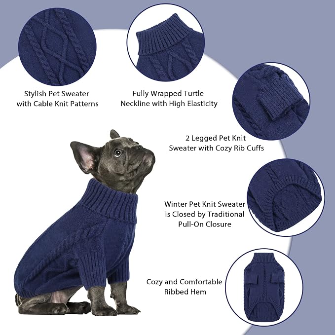Queenmore Small Dog Pullover Sweater, Cold Weather Cable Knitwear, Classic Turtleneck Thick Warm Clothes for Chihuahua, Bulldog, Dachshund, Pug (Dark Navy, X-Small)