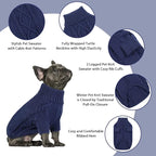 Queenmore Small Dog Pullover Sweater, Cold Weather Cable Knitwear, Classic Turtleneck Thick Warm Clothes for Chihuahua, Bulldog, Dachshund, Pug (Dark Navy, Medium)