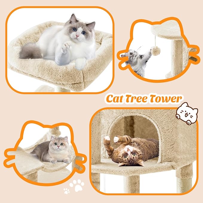 Sweetcrispy 44 Inch Cat Tree Tower, Cat Condo with Hammock, Beige | Cat Climbing Tower with Natural Sisal Scratching Posts, Hammock, Pet Condo for Indoor Cats and Kittens Play