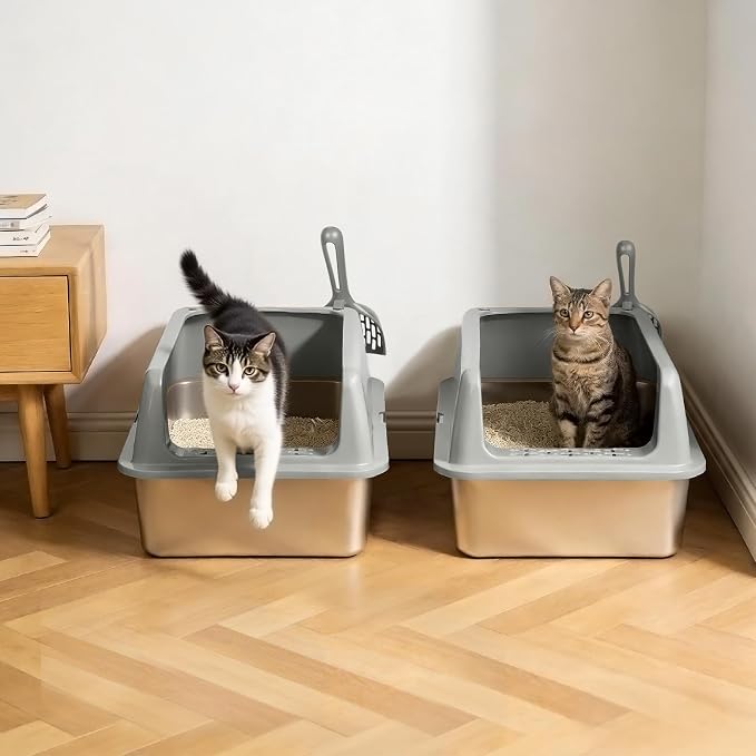 Kirecoo 2 Pack Large Semi-Enclosed Stainless Steel Cat Litter Box with Lid | Scoop Included, Sturdy Metal Box, Anti-Leakage, Odor Free, Easy to Clean, For Big Cats & Kittens, Multi-Cat Friendly