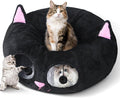 Baseola Fuzzy Cat Tunnel Bed for Indoor Cats, 2-in-1 Interactive Cat Toys | Peekaboo Cat Cave with Washable Mat, Collapsible Cat Play Tunnel for Kittens & Small Pets, Cat Donut Bed Tunnel, Black Pink
