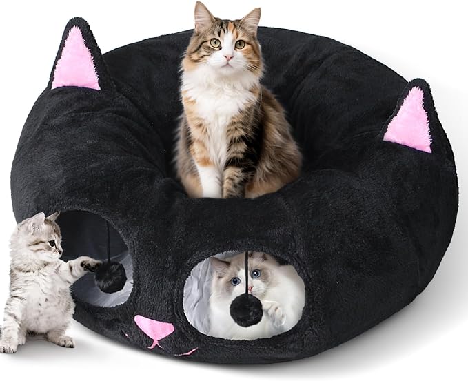 Baseola Fuzzy Cat Tunnel Bed for Indoor Cats, 2-in-1 Interactive Cat Toys | Peekaboo Cat Cave with Washable Mat, Collapsible Cat Play Tunnel for Kittens & Small Pets, Cat Donut Bed Tunnel, Black Pink