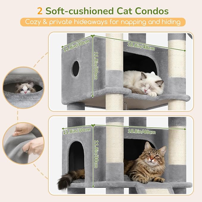 Globlazer Extra Large Heavy Duty Cat Tree, 80in Tall Sturdy Cat Tree Tower for Multiple Indoor Cats Large Adult with Scratching Posts, 2 Spacious Condos with Padding, 2 Soft Perches, S80C, Light Grey