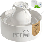 PETIMI Ceramic Cat Water Fountain, 3L/101 fl oz Ultra-Quiet Pet Water Fountain, Automatic Water Dispenser for Cats & Small Dogs, No Spill Cat Water Bowl, BPA-Free, 2 Filters Included, Easy to Clean