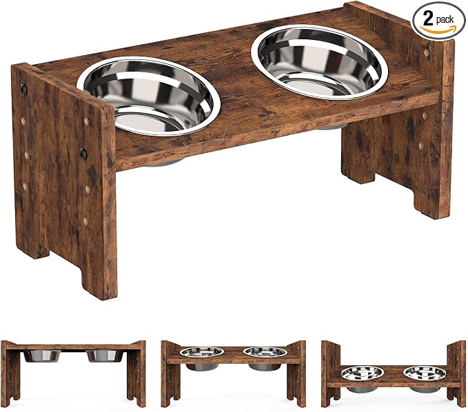 Vantic Elevated Dog Bowls, Raised Bowl Stand Adjustable Small, Rustic Brown | Particle Board Raised Feeder with 2 Stainless Steel Bowls, Adjustable Height for Small Puppies and Cats