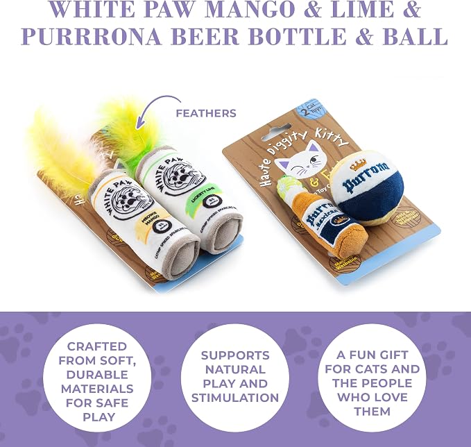 Haute Diggity Kitty White Paw + Purrrona Bottle & Ball, Soft Plush Cat Toys | 4 Pack Catnip Toys with Interactive Crackle & Feathers, Safe & Durable Cat Nip Kicker Toy for Outdoor & Indoor Cats & Kitten