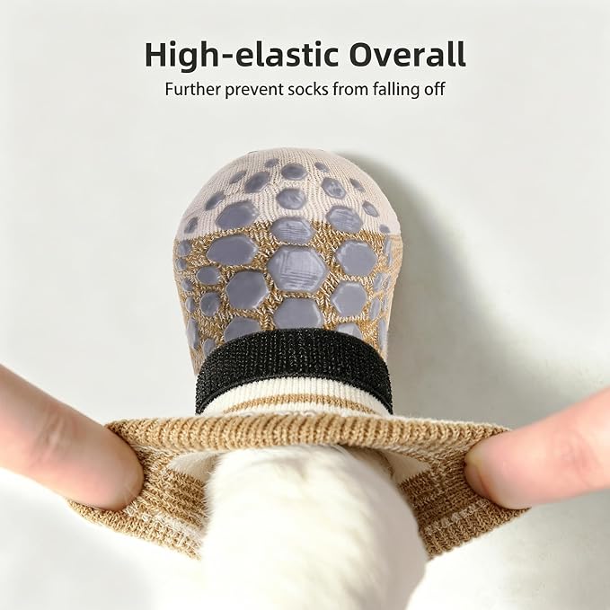 PUPTECK Anti-Slip Dog Socks with Double Sides for Small Medium Large Dogs Hardwood Floors Prevents Licking, Dog Shoes for Hot Pavement Traction Control Paw Protector for Senior Dogs, Striped Khaki L