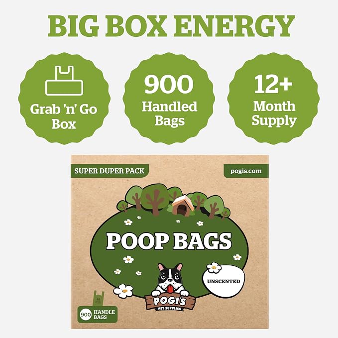 Pogi’s Dog Poop Bags with Handles – Extra-Thick, Leak-Proof, Large, Unscented, 900-Count