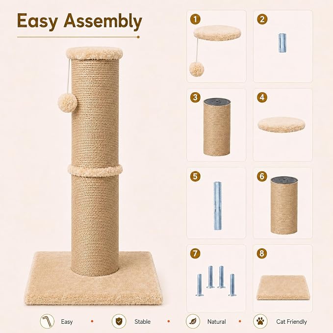 PAWSCRAT 32-Inch Tall Cat Scratching Post, 5.5-Inch Diameter, Sisal, Yellow | Natural Sisal Scratching Surface with a Dangling Ball for Indoor Cats, Scratch-Resistant Durable and Protect Your Furniture