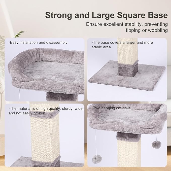 34" Tall Cat Scratching Post with Bed, Sisal Scratch Posts Trees with Plush Perch and Hanging Ball for Indoor Cats, Removable Cover, Large Scratch Post and Base, Rugged and Durable, Light Grey