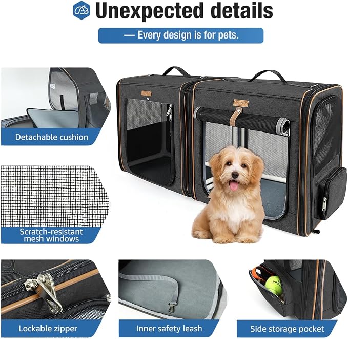Lekereise Extra Large Cat Carrier for 2 Cats, 2-in-1 Cat Travel Carrier with Litter Box, (20.85" x2) x19.7"x19.7" Pet Carrier with Zipper Locks for Moving Across The Country (No Hammock) - Black