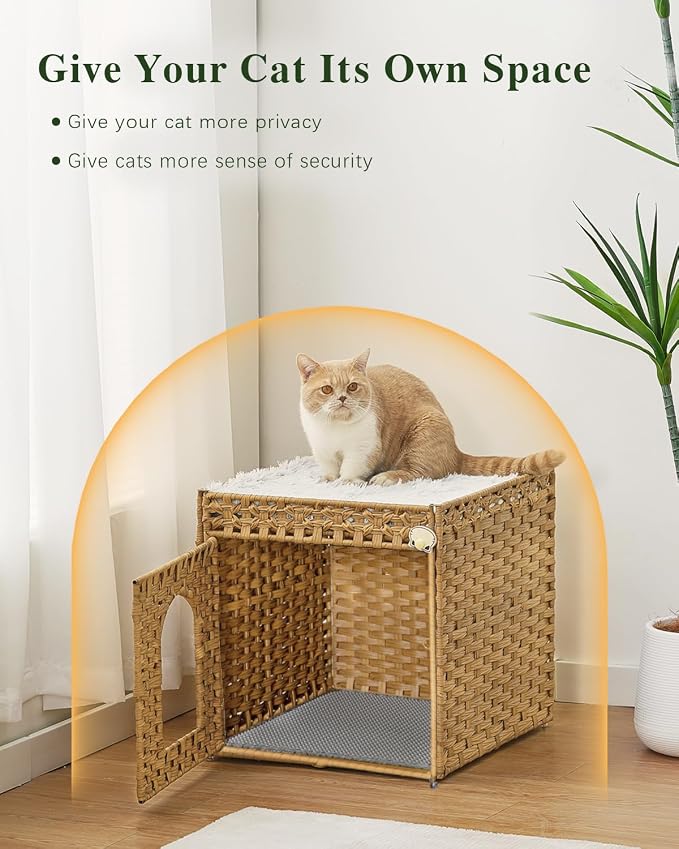 SETVSON Cat Litter Box Enclosure Furniture, Hidden Rattan PE House, Natural | Handwoven PE Rattan with One Bed Pad, Reversible Litter Mat, 2 S-Hooks, 18.5 x 20.5 x 19.1 Inches Spacious Cabinet