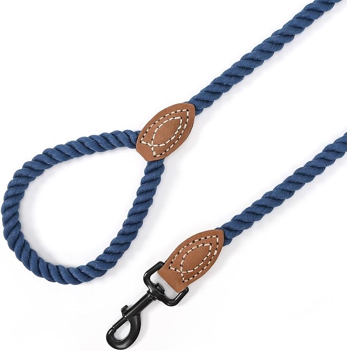 Mile High Life Dog Leash Braided Cotton Rope with Leather-Reinforced Ends | Rust-proof 360° swivel clasp, Heavy-duty for medium/large breeds. Great for weddings, daily walks (4 FT, 1/2", Navy)