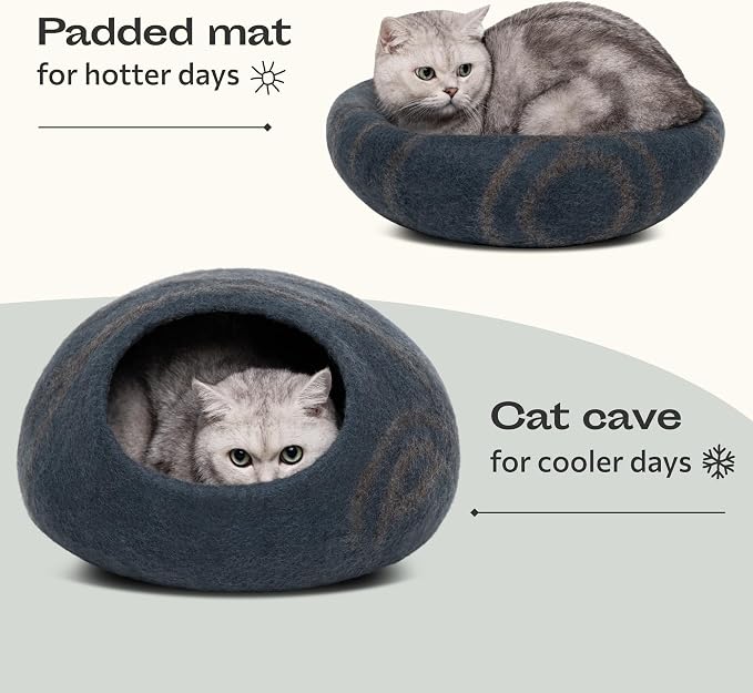 MEOWFIA Cat Cave – Premium Felt Cat Bed Enclosure for Indoor Cats, Handmade Merino Wool (Slate Grey, Large)