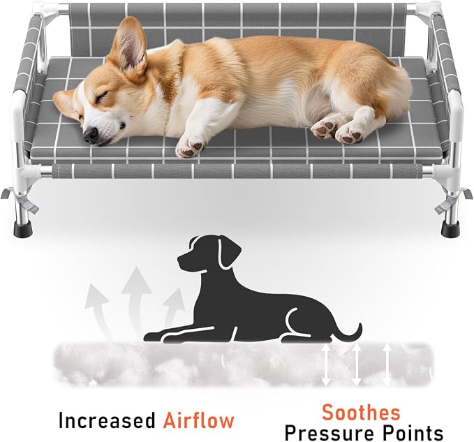 Elevated Dog Bed with Cushion and Three-Sided Fence for Small Medium Dogs | 3-sided safety Guardrail and soft cotton fabric. Anti-slip feet for stable indoor relaxation and outdoor activities