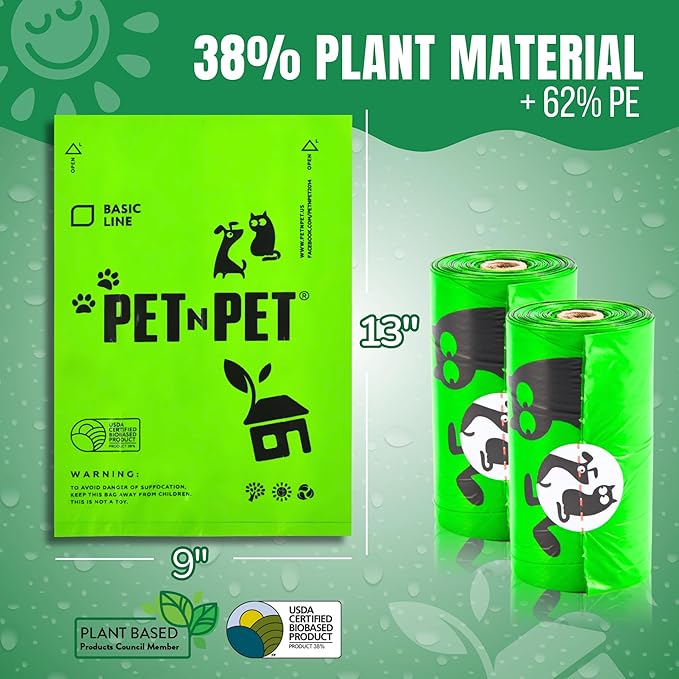 Pet N Pet 540 Counts Green Poop Bags for Dogs, 41% Plant Based & 59% PE Extra Thick Dog Poop Bags Rolls, 9" x 13", Unscented Dog Waste Bag, Pet Supplies for Dogs