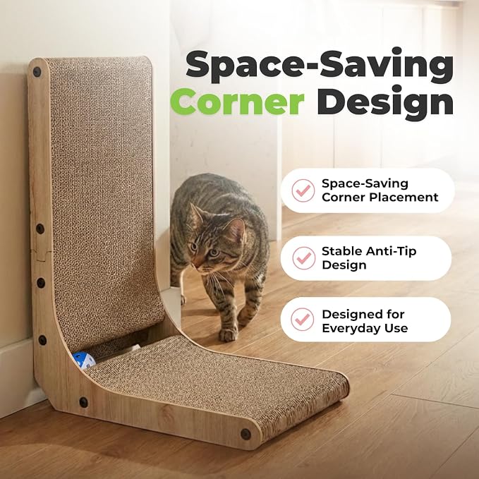 Best Pet Supplies Catify L-Shaped Cardboard Cat Scratcher - H: 26" | 16" x 11" x 26", Ball Toy Included, Durable Corrugated Cardboard, Space Saving Design, Furniture Protector, For Big Cats