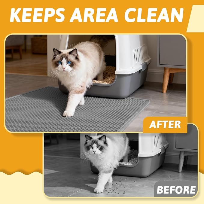 Pieviev Litter Box Mat, Double-Layer Urineproof Design, 30" x 24" Gray | Honeycomb Litter Trapping Mat Captures Scattered Particles to Stop Tracking, Waterproof Base Protects Floors, Easy to Clean