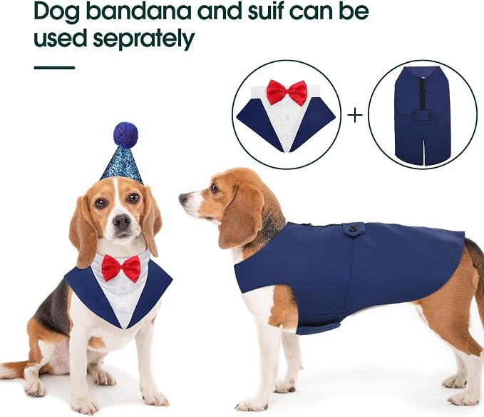 Kuoser Dog Tuxedo, Dog Suit and Bandana Set, Dogs Costume with D-Ring | Formal Dog Outfit with Detachable Bowtie Collar for Wedding, Birthday, Party, Christmas, Halloween, Blue XL