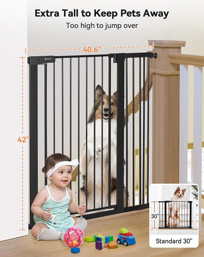 COMOMY 42" Extra Tall Baby Gate for Stairs Doorways, Fits Openings 29.5" to 40.6" Wide, Auto Close Sturdy Safety Dog Gate for House, Pressure Mounted Easy Walk Through Pet Gate with Door, Black