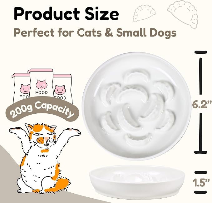 Ceramic Cat Slow Feeder Bowl - 6.2'' Whisker Friendly Cat Plate for Dry and Wet Food -Heavy Puzzle Feeding Bowl for Slow Eating - Helps Reduce Vomiting - Microwave & Dishwasher Safe -Non Slip - White