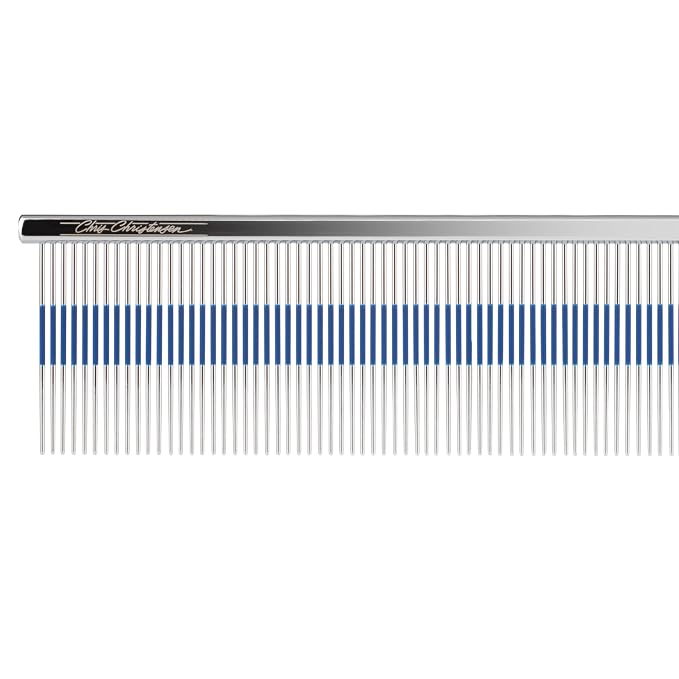 Chris Christensen 9" Long Tooth Fine/Extra Fine Comb-Out Comb, Groom Like a Professional, Rounded Corners Prevent Friction and Breakage, Unique Rubber Grip Line, Chrome Finish
