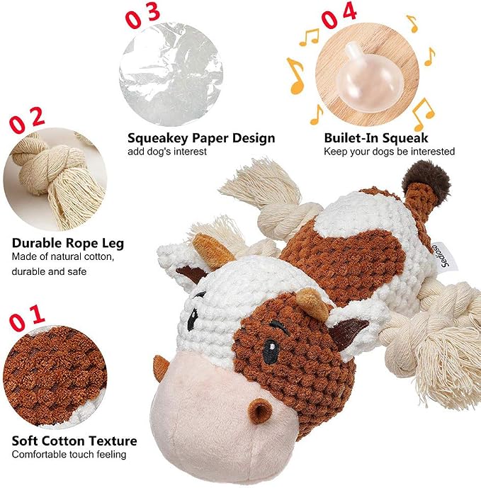 Sedioso Dog Toys Set, Large Dogs Toy, Stuffed Animal Dog Chew Toy, Soft Plush Dogs Toys Pack for Small. Middle, Large Breed(3-Pack, Cow)