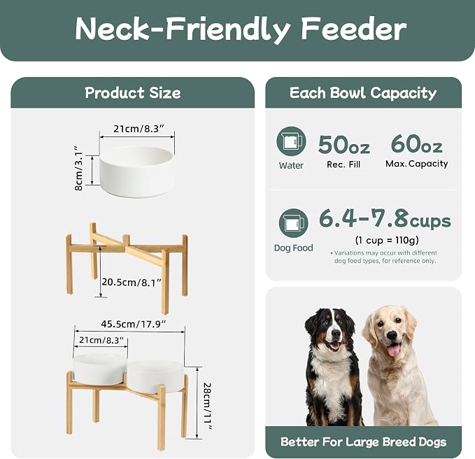 Havniva Dog Bowls Elevated, Ceramic Dog Food and Water Bowl Set | 8.3” Raised Dog Food Bowl, Elevated Dog Bowls with Bamboo Stand, Non-Slip Dog Water Bowl for Large Dog, Large Capacity