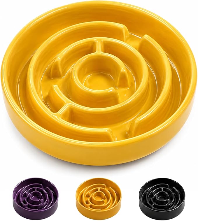 Ceramic Slow Feeder Dog Bowl,1.5 Cups Pet Slow Feeder for Small and Medium Breed,Puzzle Dog Food Dish,Anti-Gulping,Stop Bloat,Preventing Choking(Yellow)