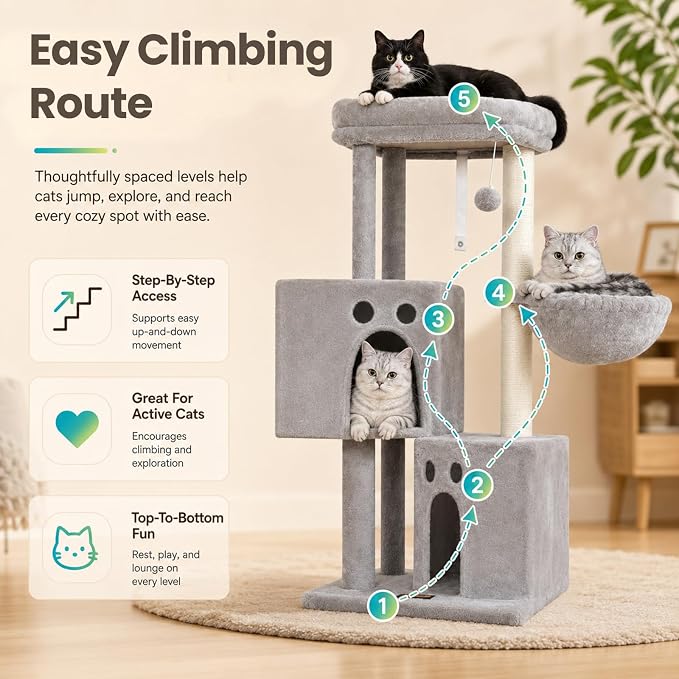 Small Cat Tree Tower for Indoor Cats, 40 in Medium Cat Bed Scratching Posts | Multi Level Compact Kitty Kitten Houses Climbing Trees Stands with 2 Condos Sisal Post Perch Platform Hammock Plush Toy Balls