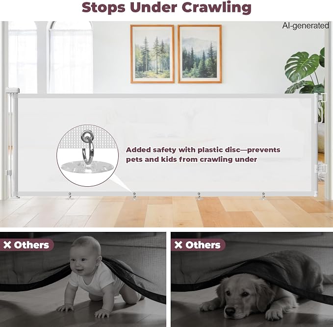 96" Retractable Baby Gate, Long Mesh Dog Gate for Garage Deck Porch | Strong Suction Disc Prevent Crawling Under, 34" Tall Child Safety Gate for Large Openings, Indoor Outdoor Use, White