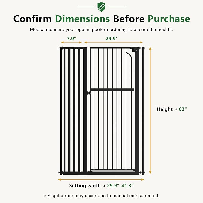 Floisdace 63" Extra Tall Pet Gate for Cat/Dog, Adjustable 29.9-41.3" Wide Auto Close Tall Cat Gate, No Drilling Pressure Mount Kit, Dog Gate for Doorways, Hallways, Kitchen, Black