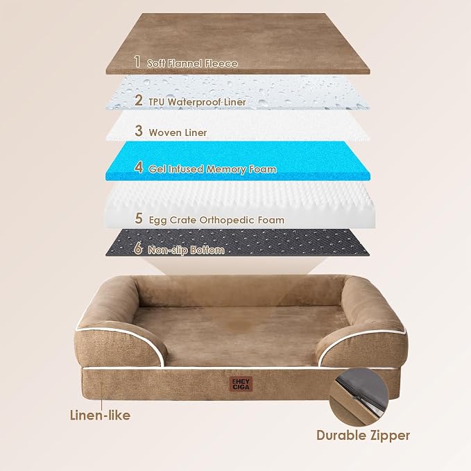 EHEYCIGA Orthopedic XXL Dog Bed, Waterproof Washable XL Big Pet Bed 48" | Non-Slip Bottom and Egg-Crate Memory Foam Extra Large Pet Couch Bed with Washable Removable Cover, Camel