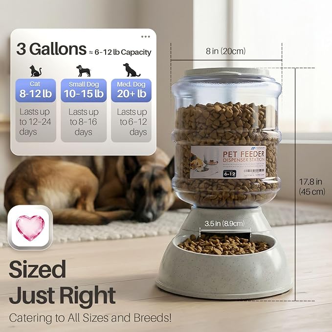 Flexzion Gravity Pet Feeder, Dog and Cat Food Dispenser, 1-Gallon Capacity | Self-replenishing dry food station with non-skid feet and a carry handle; holds approximately 4-6 lb of kibble.