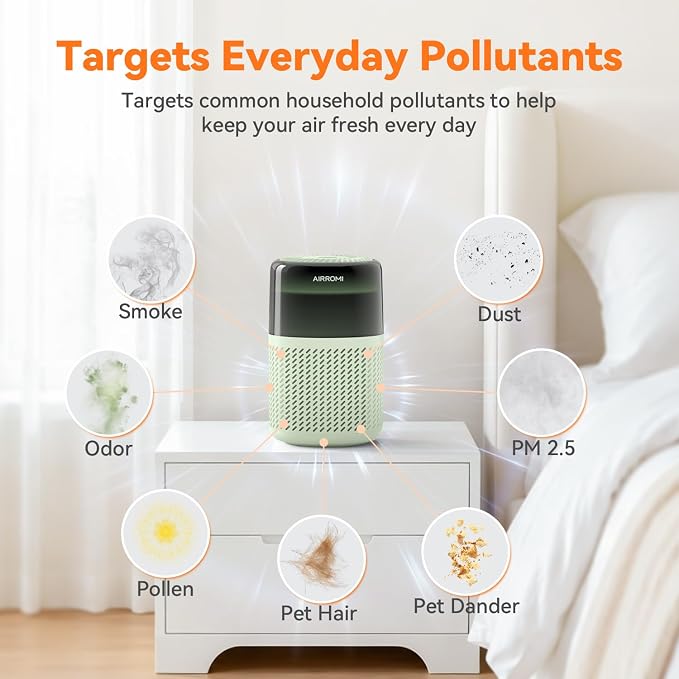 AIRROMI HEPA Air Purifier for Bedroom&Home,Pet Air Purifier for Home Pets,Removes Pet Odor,Cat Litter Smell,Dust,Smoke&Allergies,Quiet Room Air Purifier with Scents,360°Air Cleaner,A2005 Green
