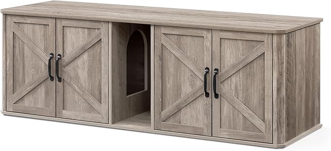 Feandrea Double Cat Litter Box Enclosure, Modern Litter Box Furniture Hidden for 2 Cats, Front Entry, Cat House, Side End Table, TV Stand, 59 x 19 x 19.5 Inches, Heather Griege UPCL010G01