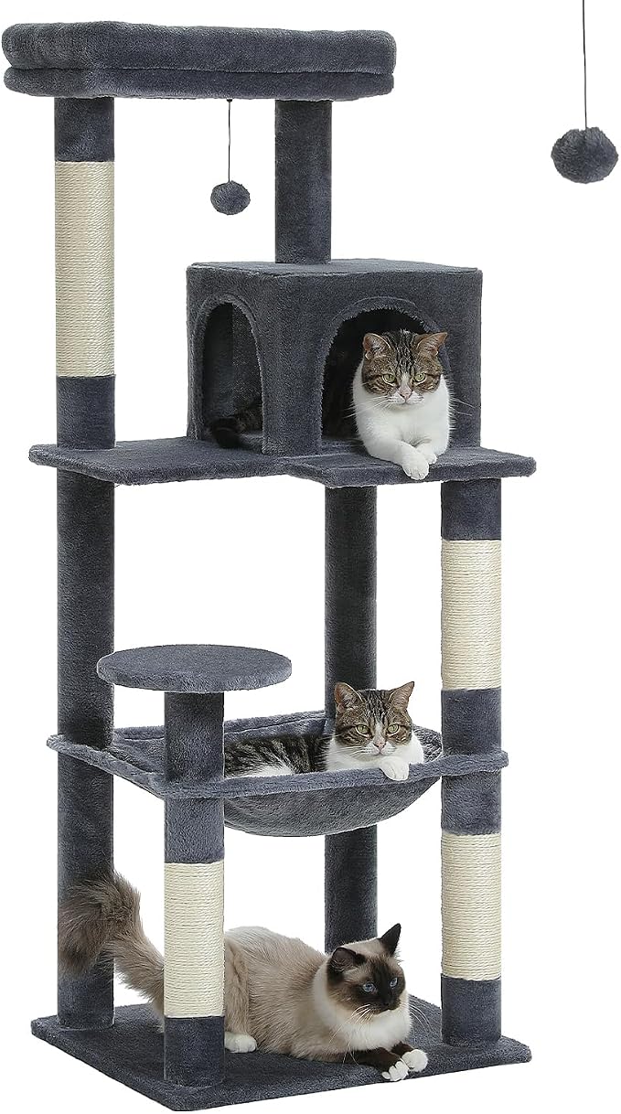 MUTTROS Cat Tree for Large Cats with Metal Plush Big Hammock, 56.3" Cat Tower for Indoor Cats with 2 Door Condo House, 6-Tier Cat Shelves with Scratching Posts and Large Top Perch, Dark Gray | 6-tier shelves, Metal plush hammock, 2-door condo house, Si...