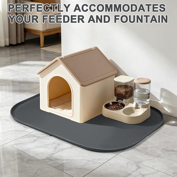SMILOOL 36" x 24" x 1" Extra Large Silicone Pet Food Mat with Raised Edge for Food and Water Bowl, Dog Feeding Mats, Cat Food Trays for Floor Waterproof, Rubber Tray for Dogs and Cats, Dark Gray