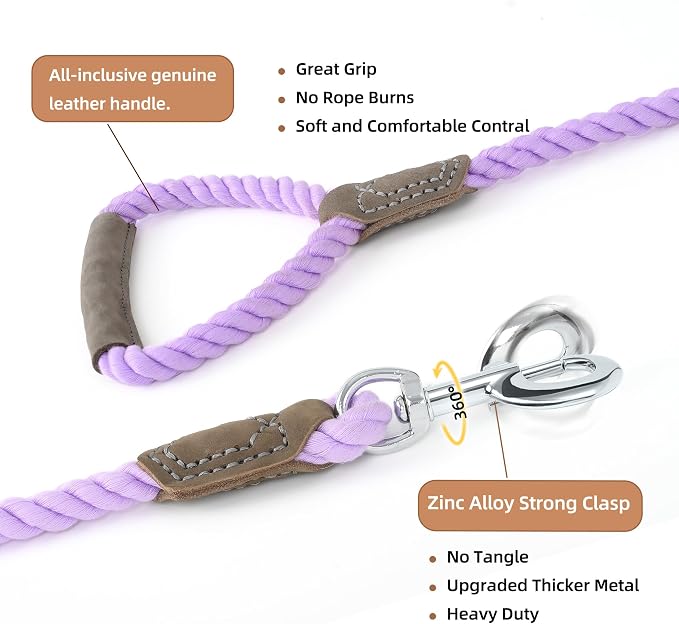 Mile High Life Dog Leash Braided Cotton Rope w/Leather-Wrapped Ends/Handle | Rust-proof 360° swivel clasp, Heavy-duty for medium/large breeds. Great for weddings, daily walks (4 FT, 1/2", Purple)