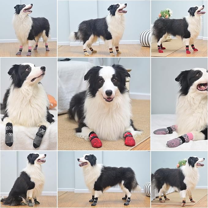 BEAUTYZOO 6PCS Dog Socks to Prevent Licking Paws, Anti Slip Dog Shoes for Hot Pavement Hardwood Floors, Traction Control Boots & Paw Protectors for Small Medium Large Senior Dogs, Pink&Grey S