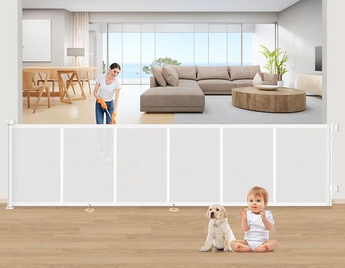 EZIGO 150 Inch Retractable Baby Gates Extra Wide Reinforced Baby Dog Gate | 34 Inch Tall Retractable Dog Gate with Reinforced Strip Mesh Safety Pet Gate for Stairs Hallway Doorway Indoor Outdoor, White