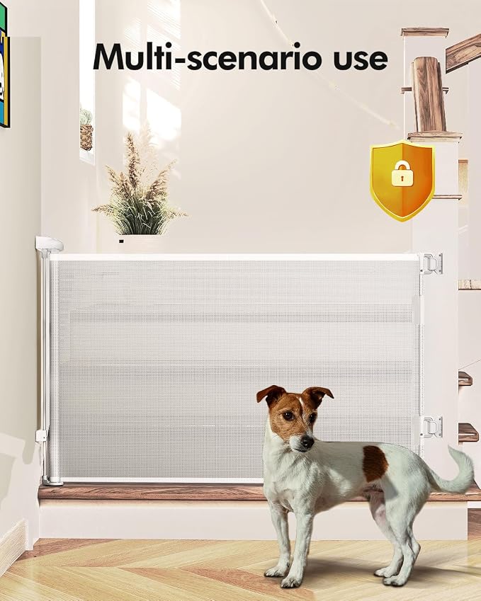 Retractable Baby Gates, Mesh Dog Gate for Doorways, 33.6" Tall, Expands to 71" Wide,Pet Safety Essential Fit for Baseboards, Wide Toddlers Gates for Hallways, Indoor & Outdoor,White