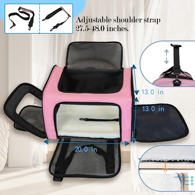 Top tasta Dog Cat Carrier Pet Carriers for Large Cats Small Dogs Carrier Soft Sided Puppy up to 25Lbs Dog Carrier Portable Foldable Dog Cat Travel Carrier (Large-Pink-20 * 13 * 13)