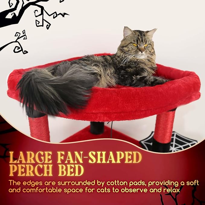 Globlazer Gothic Corner Cat Tree Tower with Scratching Post for Indoor Cats, 51inch Goth Cat Condo Tower with Large Hammock, Fan-Shaped Padded Perch, Spacious Cat Cave, Hanging Basket, C51, Red Black