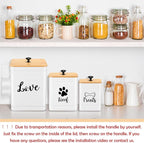 Jingmore Metal Dog Treat Containers Set of 3 with Bamboo Lids and Spoon Airtight 7+3+2 lbs Dog Food Snack Jars with DIY Labels Big Pet Cookie Storage Jar for Kitchen Counter(White,Modern)