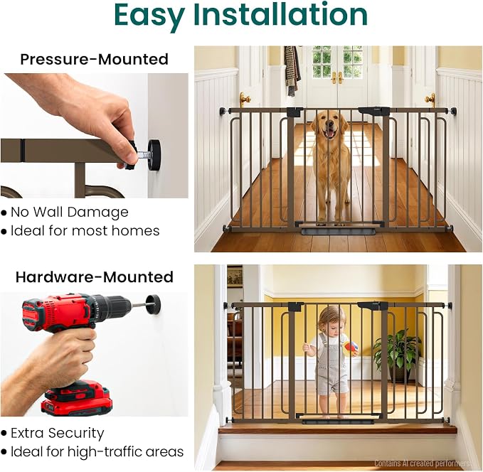 Cumbor 30.4-56.8" Extra Wide Baby Gate, Auto Close Dual Lock Dog Gate Brown | Easy Install Pressure Mounted Pet Gate for Doorways & Wide Openings, Easy Walk Thru Safety Proofing for Babies & Large Dogs