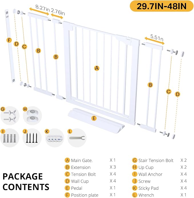 Cumbor 29.7-48" Baby Gate for Stairs, Mom's Choice Awards Winner-Dog Gates for Doorways, Auto Close Safety Pet Gate for Dogs Indoor, Easy Install Pressure Mounted Child Gate with Walk Thru Door, White
