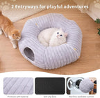 Cat Tunnel Bed Cave - Soft Washable Cushion for Indoor Cats, Peekaboo Hideaway Cave for Indoor Cats, Kittens, Puppies, Rabbits, Luxurious Striped Hare-Feel Fabric, Tunnels for Indoor Cats Large(Grey)