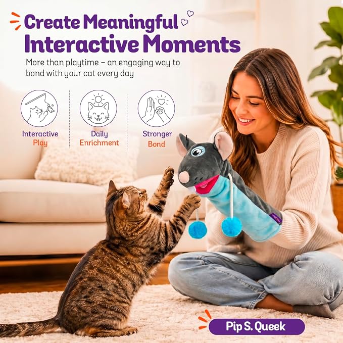 Pounce & Purr Meow Mitt Wearable Cat Wrestling Glove Puppet - Mouse | Catnip & Silvervine plush hand puppet, crinkle sounds & wiggling arms - dual-layer interactive toy, indoor cats & kitten
